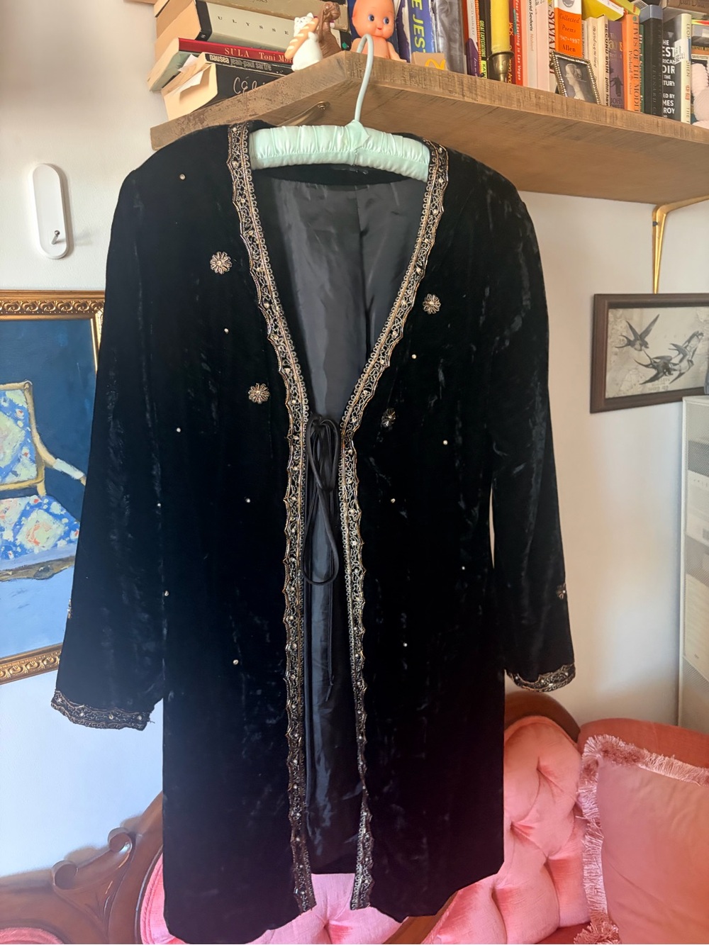 Anne Carson Black Velvet Embellished Cape Coat